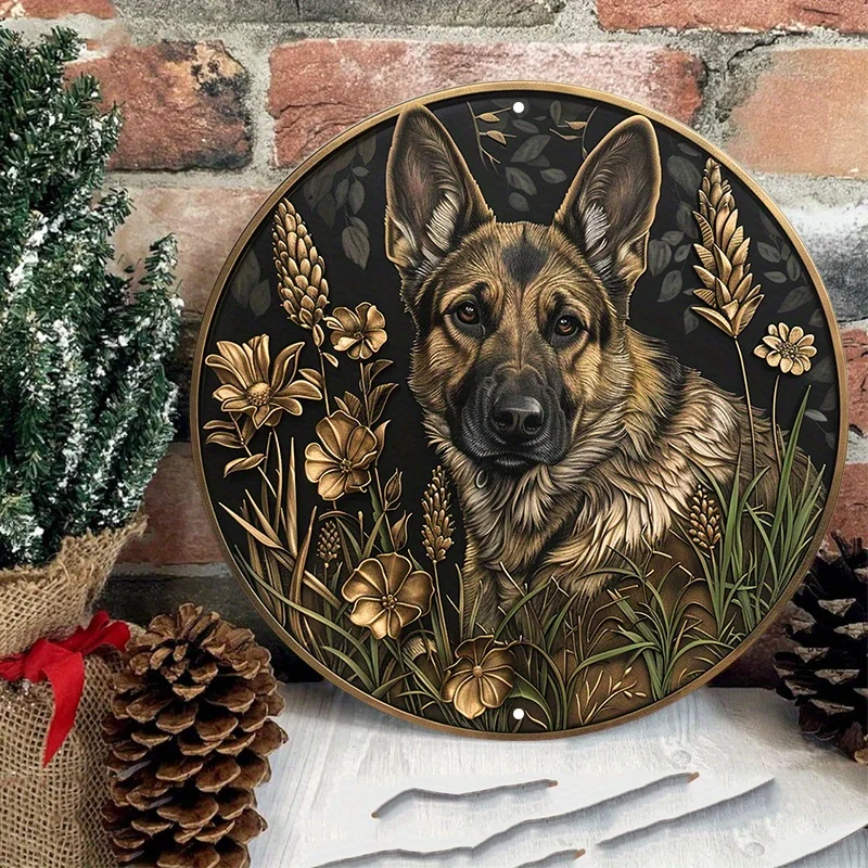 German Shepherd Metal Round Sign, Waterproof Aluminum Wall Decor, Floral Design, Weather Resistant Plaque for Home or Garden