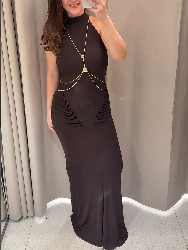 

Talenza Luxury Vintage Long Dresses Fashion Solid Sleeveless Backless Pleated Slim Dresses 2026 Elegant Chic Women's Party Dress