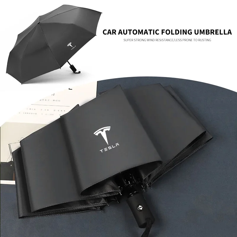 Car Logo Automatic Men Women Umbrella For Tesla Model S X Y 3 Folding Strong Windproof Auto Badge Emblem Parasol Accessories