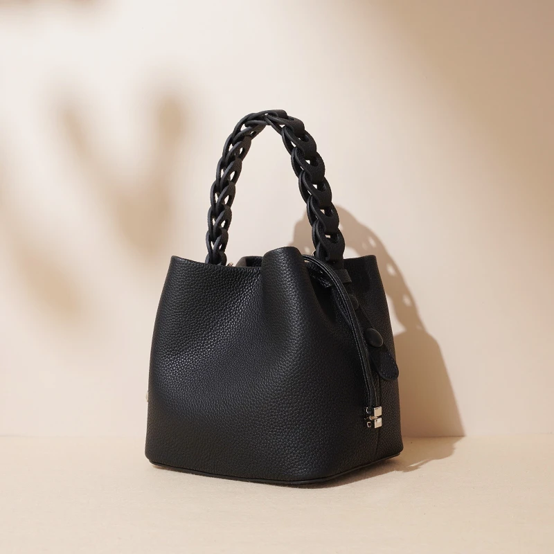 Women All-match Bucket Handbags Vegetable Basket Genuine Leather Female Elegant Shoulder Bags Square Small Tote Bags Purses