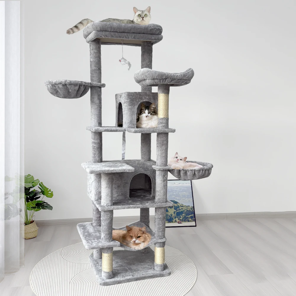 

68in Tall Multi-Level Cat Tree with Hammocks, Basket, Cave, Removable Pad, Scratching Posts - Plush Tower for Indoor/Multiple Ca