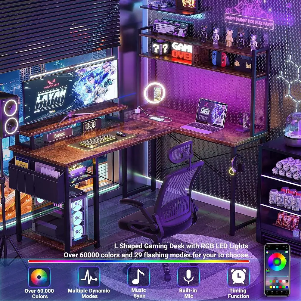 48 Rustic Brown L-Shaped Gaming Desk with LED, Monitor Stand, and Storage