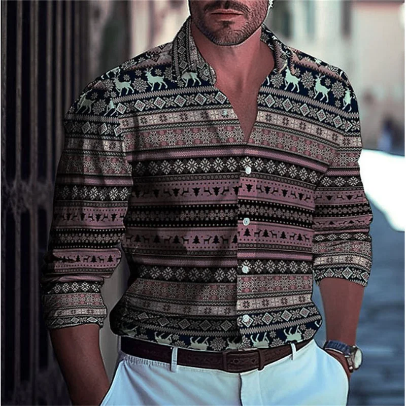 Hawaiian Men's Shirts Blue Plaid Color Block  Button Up Shirts Casual Summer Beach Shirts Long Sleeve Lapel Comfortable Clothing