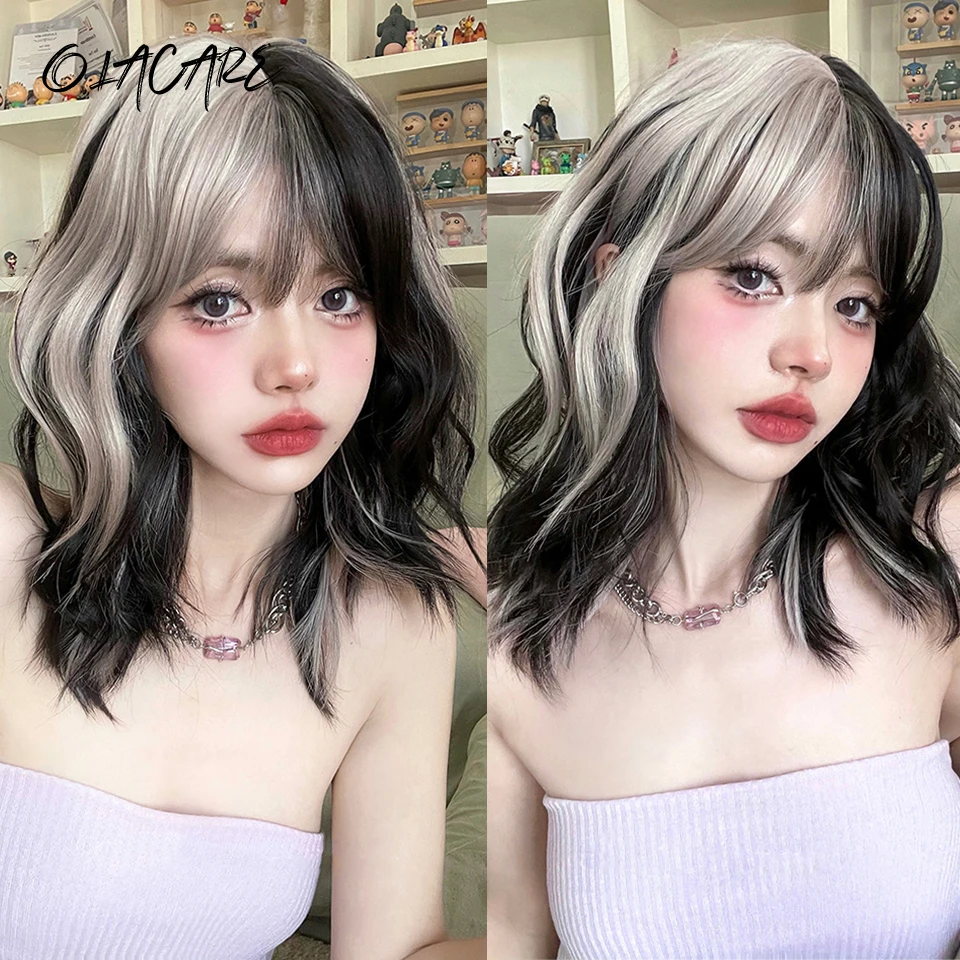 

Ombre Blonde Black Grey Short Wavy Cosplay Lolita Wigs with Bangs Bob Synthetic Hair Wigs for Women Natural Hair Heat Resistant