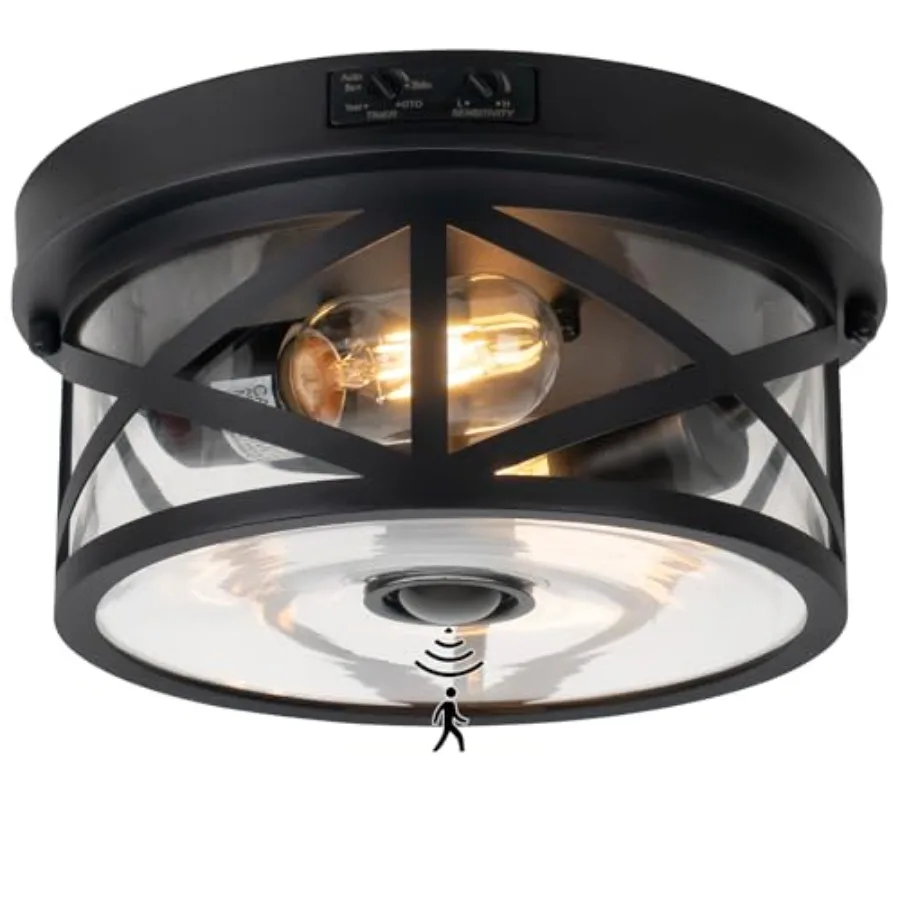 

Motion Sensor Outdoor Ceiling Light Adjustable Black Flush Mount Light Fixture 2-Light Porch Lights Outdoor Clear Glass Industr