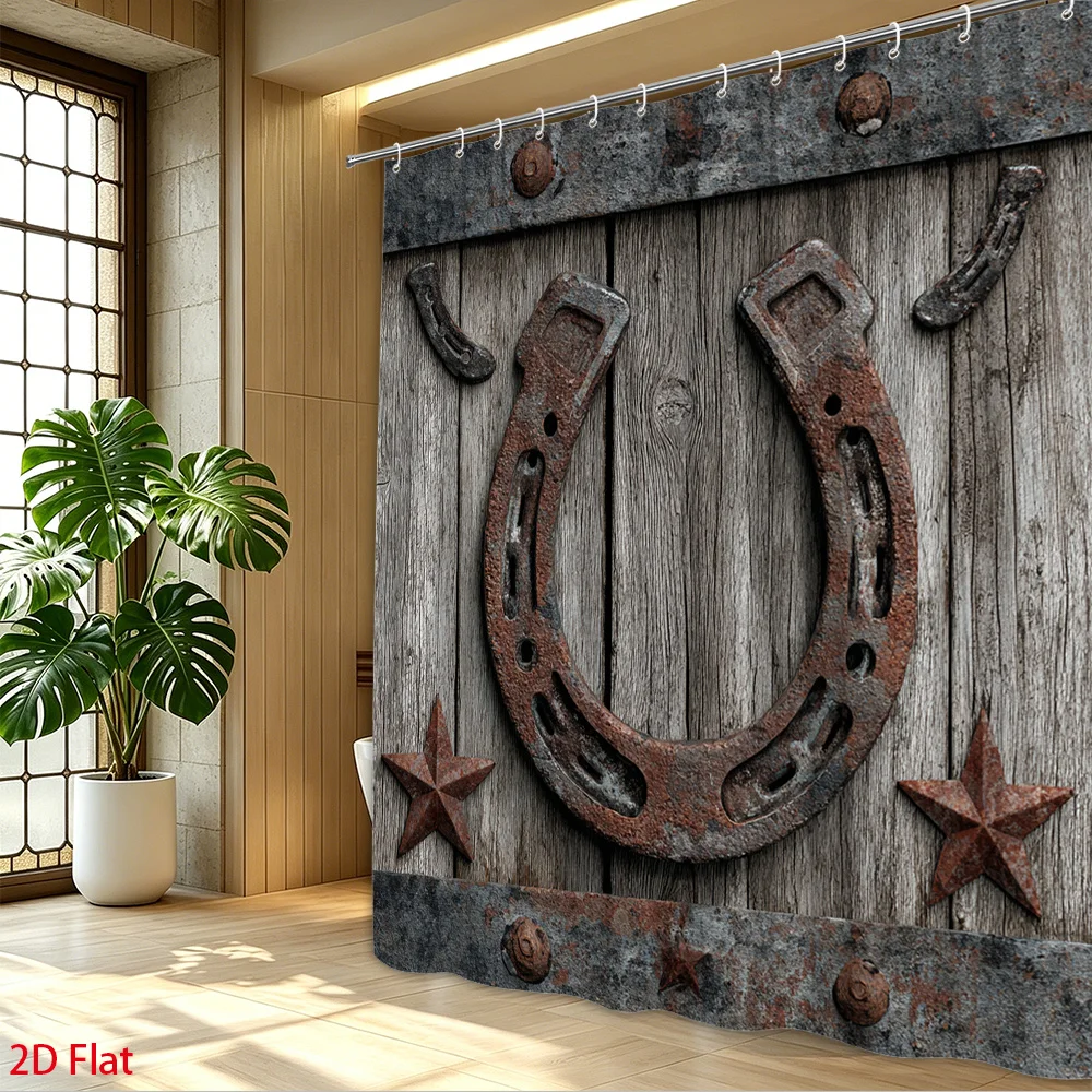 Rustic Horseshoe Shower Curtain Industrial Wood Wall Decor Steampunk Bathroom Grunge Waterproof Curtains 180x180cm