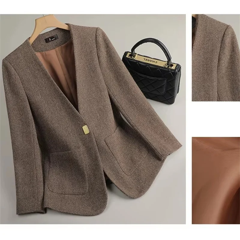 Coffee Woolen Blazer Women Spring Autumn 2026 New Casual Collarless Suit Jacket Ladies Work Formal Blazer Coat Female Outerwear