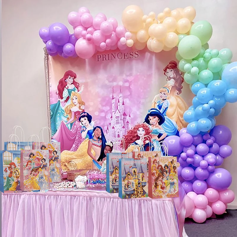 12/24szt Torby Kraft z uchwytem księżniczki z uchwytem Torba papierowa Disney Princess Baby Shower Dziewczynki Urodziny Ulubione torby na prezenty