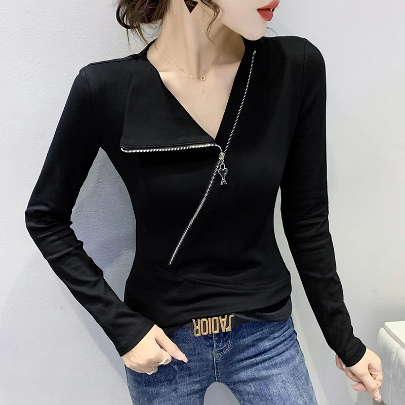 

2023 New Fall Winter European Clothes Cotton T-Shirt Women Sexy Skew Collar Zipper Tops Long Sleeve Bottoming Shirt Tees 37102