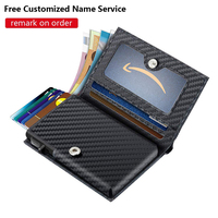 Customized Name Carbon Fiber Wallet Metal Card Holder Men Woman RFID Blocking 100% Genuine Leather Wallet Slim Pop Up Cardholder