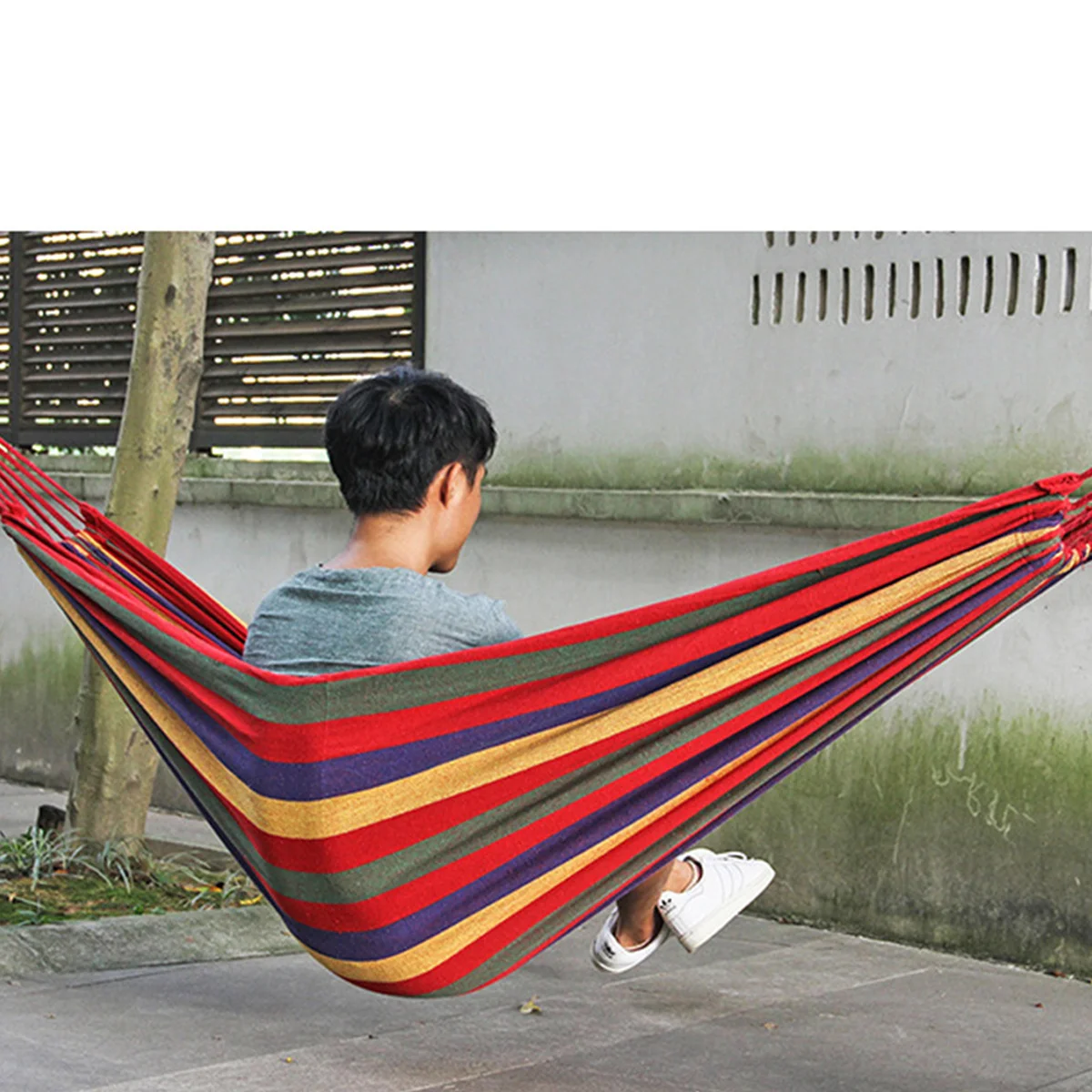 

Travel Camping Outdoor Single Person Rainbow Stripe Canvas Hammock Portable Lightweight Garden Swing for Relaxing