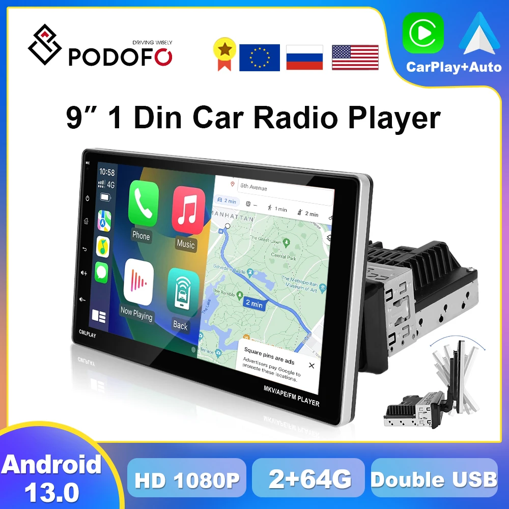 

Podofo Android 9inch 1Din Auto Car Radio 2+64G Universal Stereo Carplay For VW Nissan Suzuki Hyundai Multimedia Player No dvd