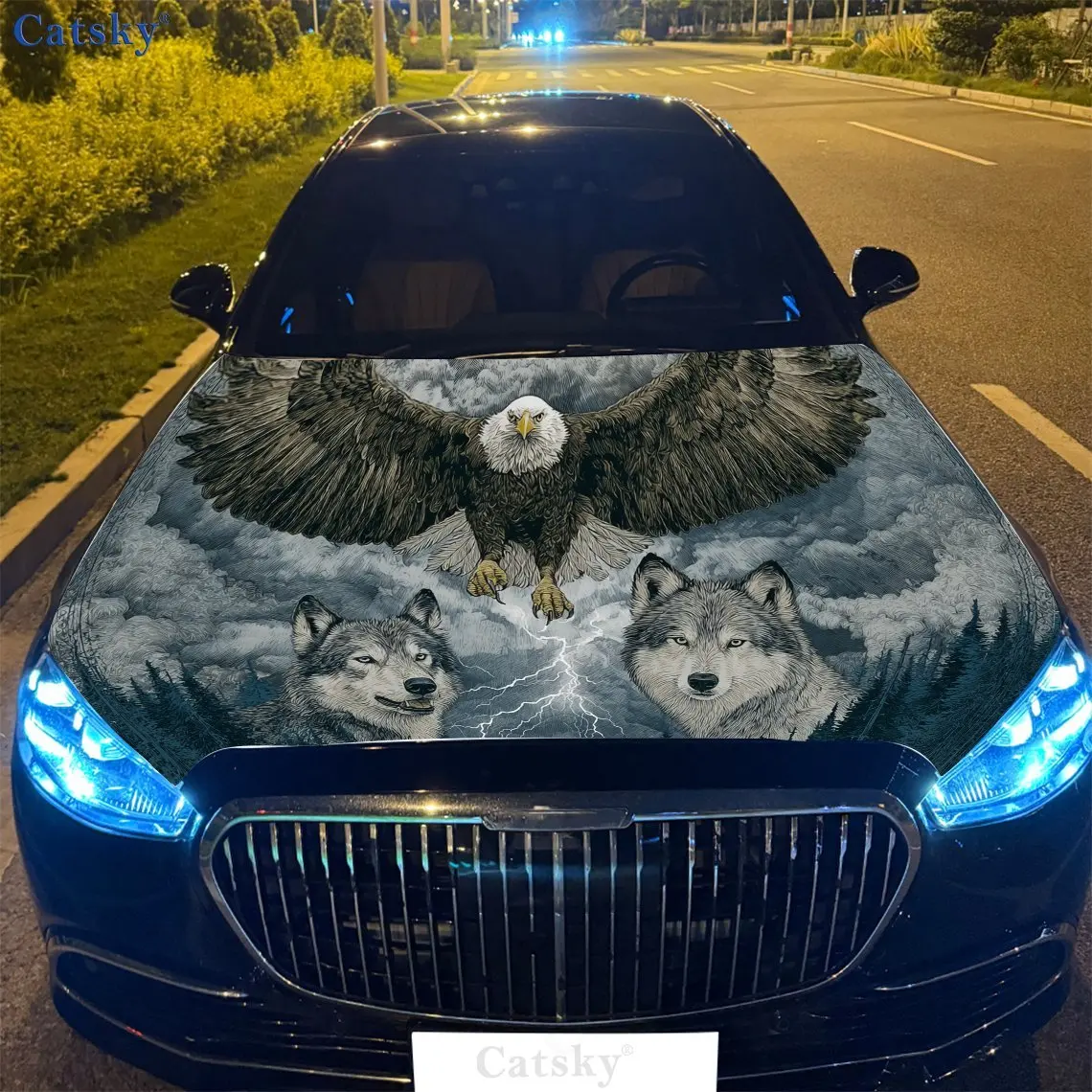 

Eagle, Wolves & Thunder Car Hood Vinyl Wraps Sticker, Auto Decal, Waterproof Self-adhesive Vehicle Decal, Anti-scratch Auto Exte