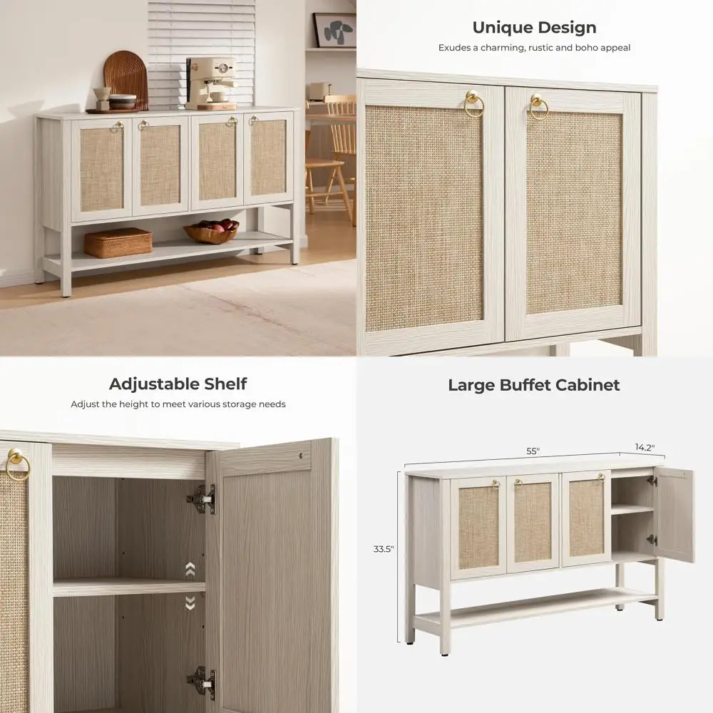 Large Boho Style Rattan Buffet Cabinet with 4 Doors, Open Storage, and Adjustable Shelves for Ample Storage Space