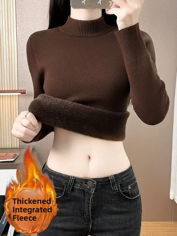 

Thiened Fce Lined Knitted Sweater Women's mid Ne Piece Velvet Slim Fit Inner Wear Autumn Winter Large Size Warm Kn...