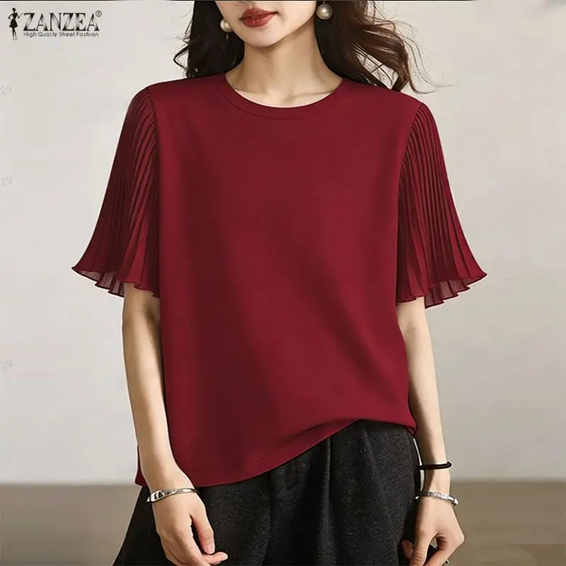 

2026 ZANZEA Elegant Women O Neck Short Sleeve Work Blouse Summer Shirt Stylish Solid Color Tunic Casual Office Wear Blusas Femme