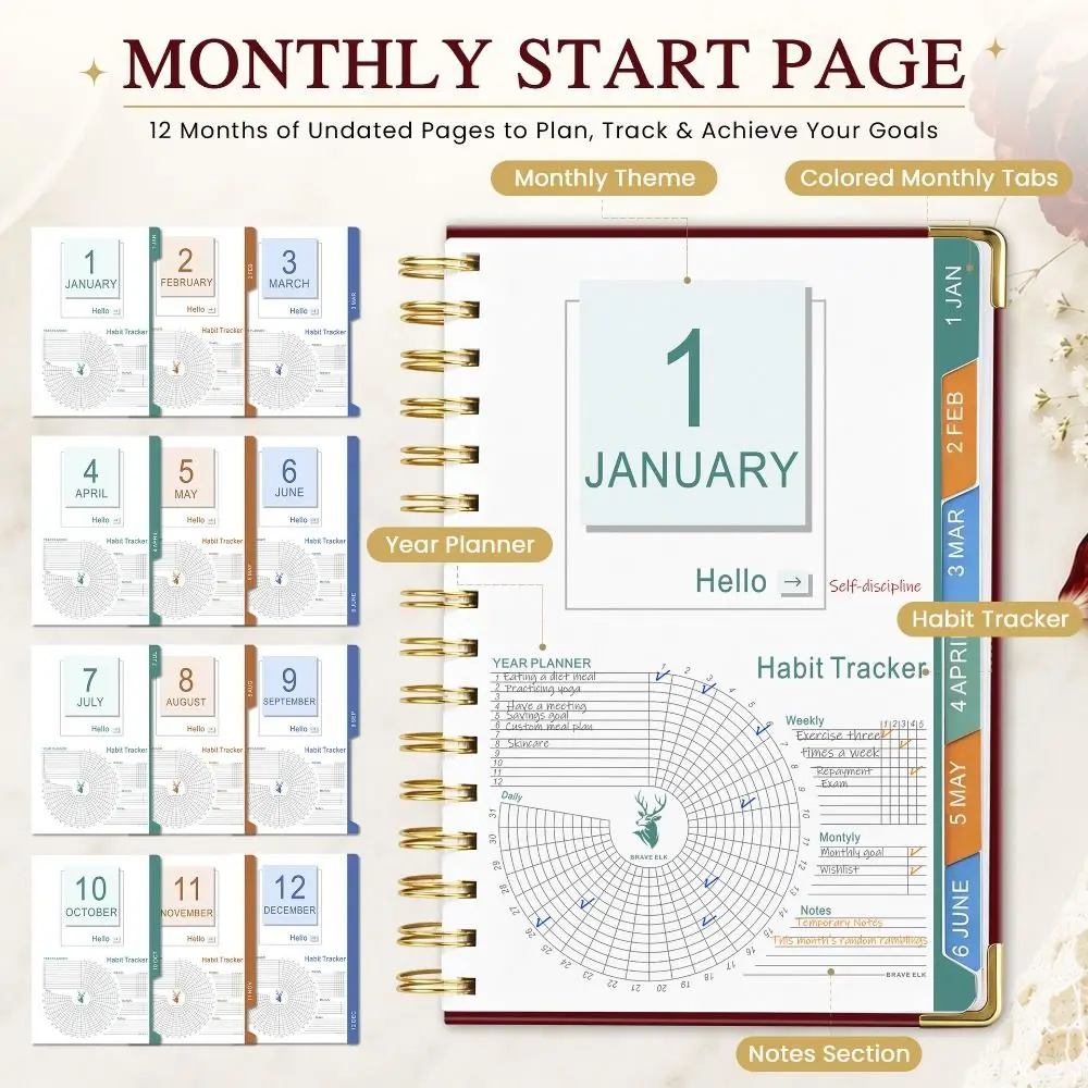 Double-Wire Binding 2027 Planner Notebook Metal Corner Protector Lay Flat 180° Coil Diary Book Colored Monthly Tabs Inner Page