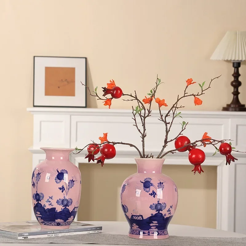 Pink Glaze Blue And White Ceramic Vase Set Retro Home Color Decorative Vase Living Room Flower Arrangement Jingdezhen