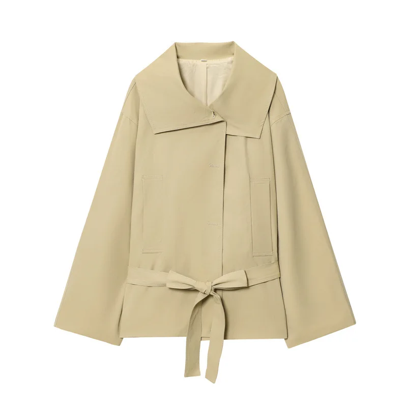 Autumn New Fashion With Belt Trench Coat Button Pleated Shorts Set