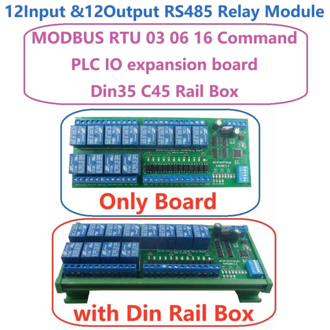 

12-канальный цифровой входной выход UART RS485, релейный модуль Modbus RTU DIN35 C45, рельсовая коробка для ПЛК, PTZ, светодиодный двигатель, управление машиной