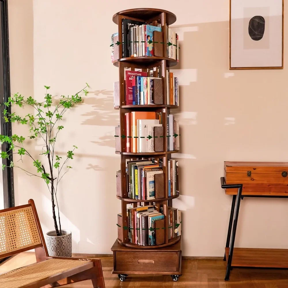 

Solid Wood Rotating Bookshelf - 360° Display Bookcase with Drawer & Wheels | 72 Inch Tall Spinning Bookshelf Tower