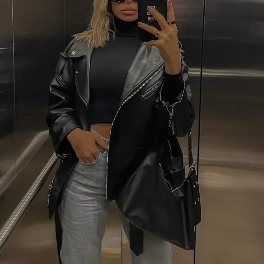 Drop-shoulder PU Coat Women Loose Casual Coat Spring Autumn Faux Leather Jackets Female Motorcycles Locomotive Outwear with Belt
