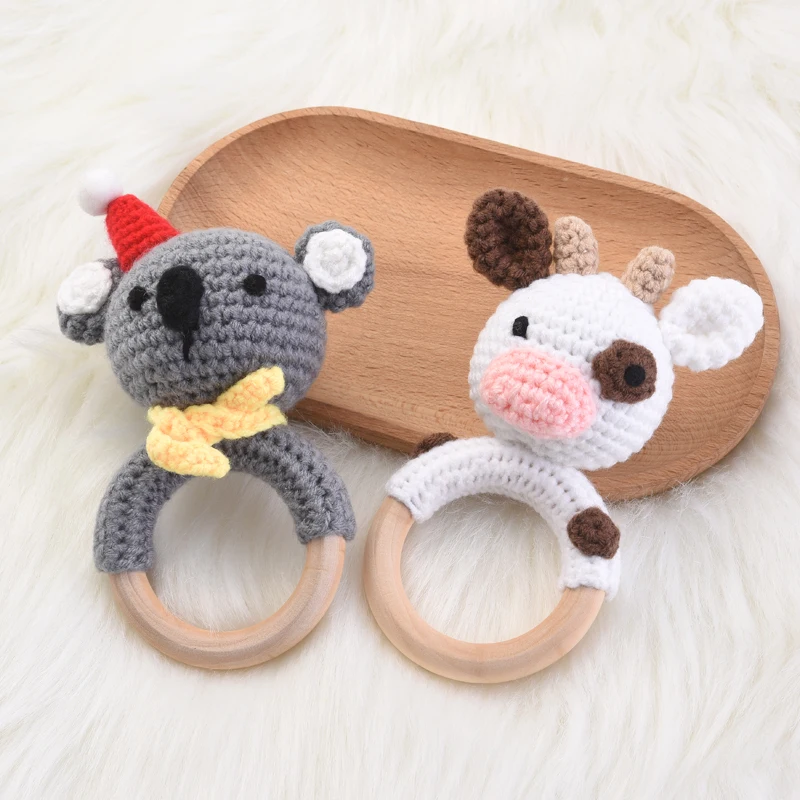 

1Pcs Baby Toys Teether Crochet Animal Rats Dairy Cows Rattles Toy Wooden Teething Rings For DIY Infant Nursing Shower Gift Craft