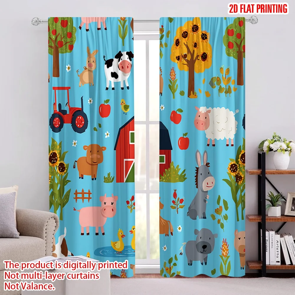 

2D flat printing 2pcs Curtains Cute Farm Animals Barn Tractor Digital Printed Polyester Drapes Festive Holiday Use for Photo