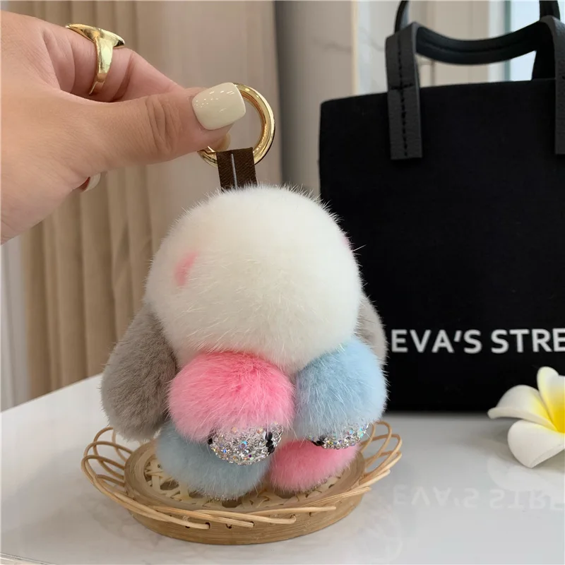 2024 Real Mink Fur Bunny Fur Pendant Bag Jewelry Key Chain Plush Pendant Trumpet Cute Cute Rabbit Children Animal Cartoon Doll