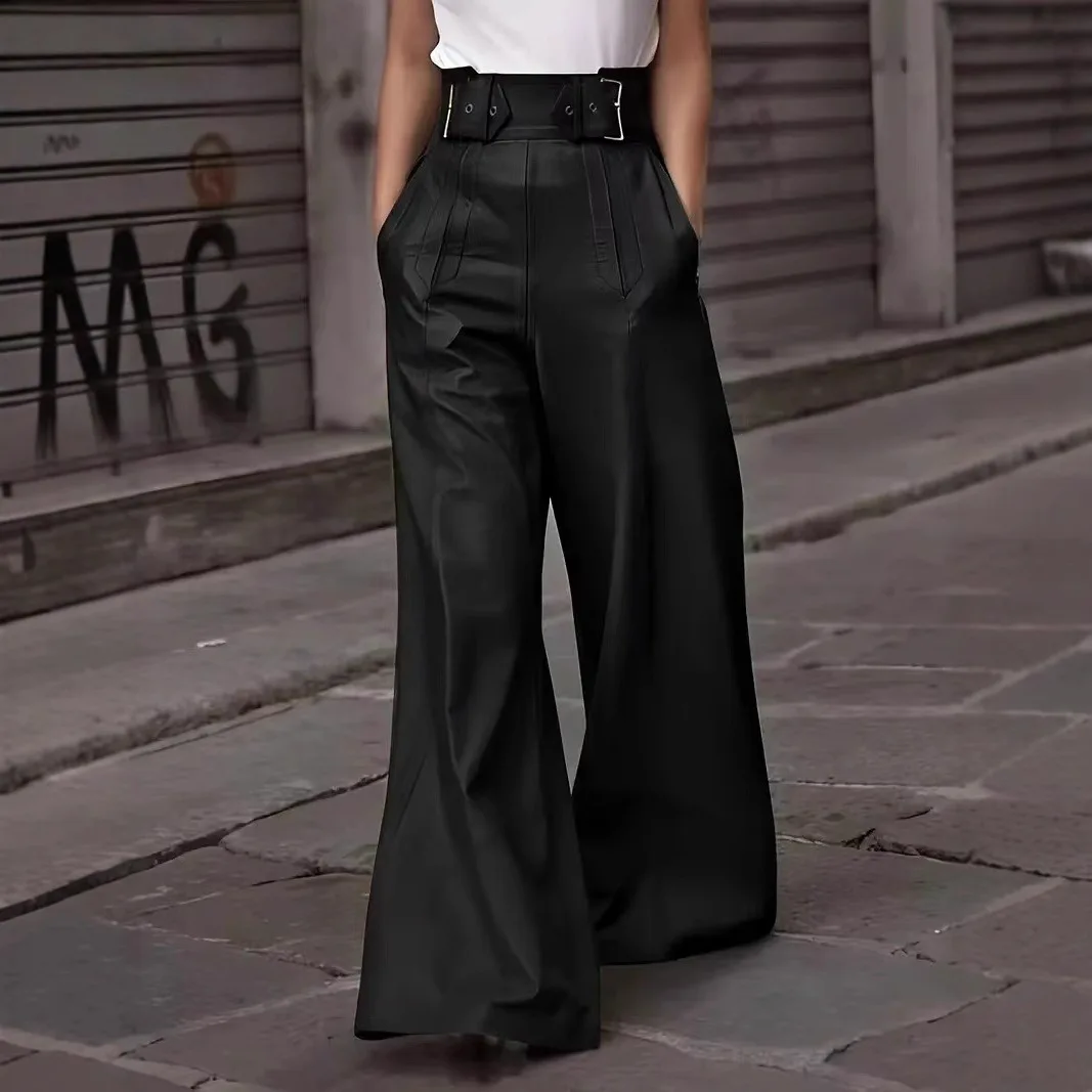 Trendy High Waisted Belted Faux Leather Wide Leg Pants for Women Flared Palazzo Trousers In Multiple Colors