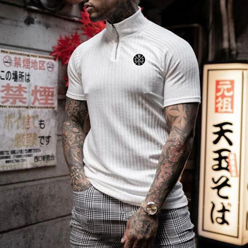 Mens Casual Slim Fit Stretch Knit Short Sleeve Tops Genderless 2024 New Shaping Fitness Streetwear High Neck Zipper Shirt Unisex