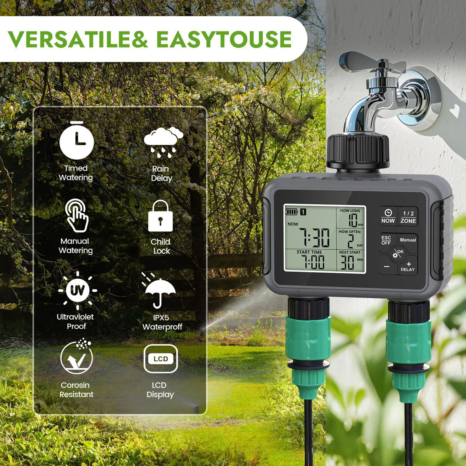 Irrigation Timer Smart Sprinkler Timer Double Outlets Irrigation Timer for Garden Lawn with Rain Delay Automatic Manual Watering