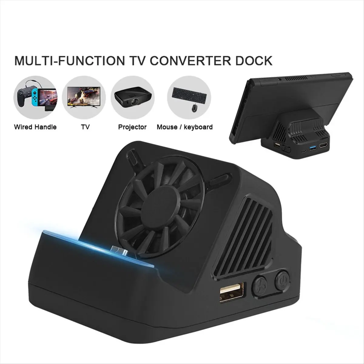 AU47-For NS Switch Portable Multifunction TV Projector Charging Dock+Cooling Fan USB 3.0 Port for Nintendo Switch Console
