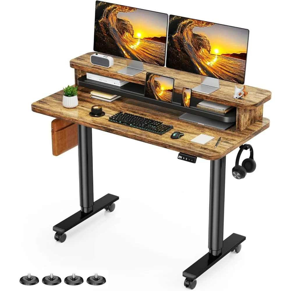 Electric Standing Desk, Height Adjustable Desk Sit Stand Desk with Memory Controller, Casters & 2 Hooks, Low Noise Home Desk