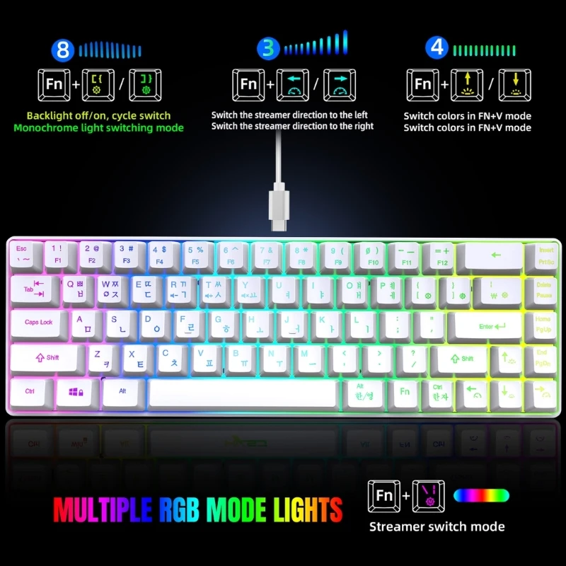 Teclados idioma coreano V200 com 68 teclas 20 retroiluminação RGB perfeitos para substituições teclado pequeno jogos