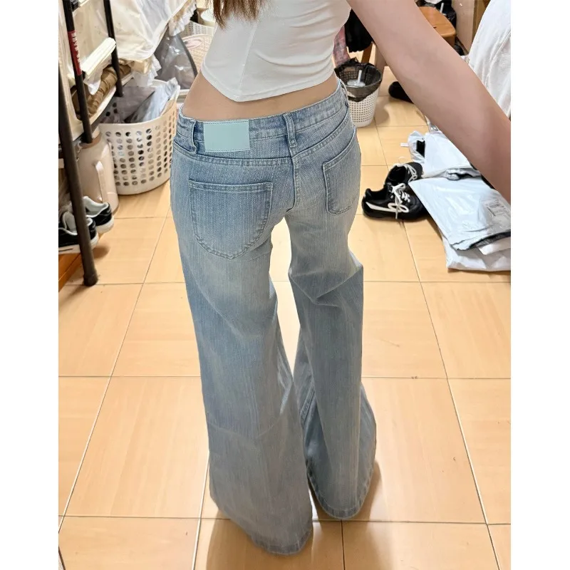 OIQERE Autumn Womens Light Blue Retro Bamboo Fabric Micro Flare Jeans Low Waist Slim Fit Trendy Casual Bell Bottom Long Pants