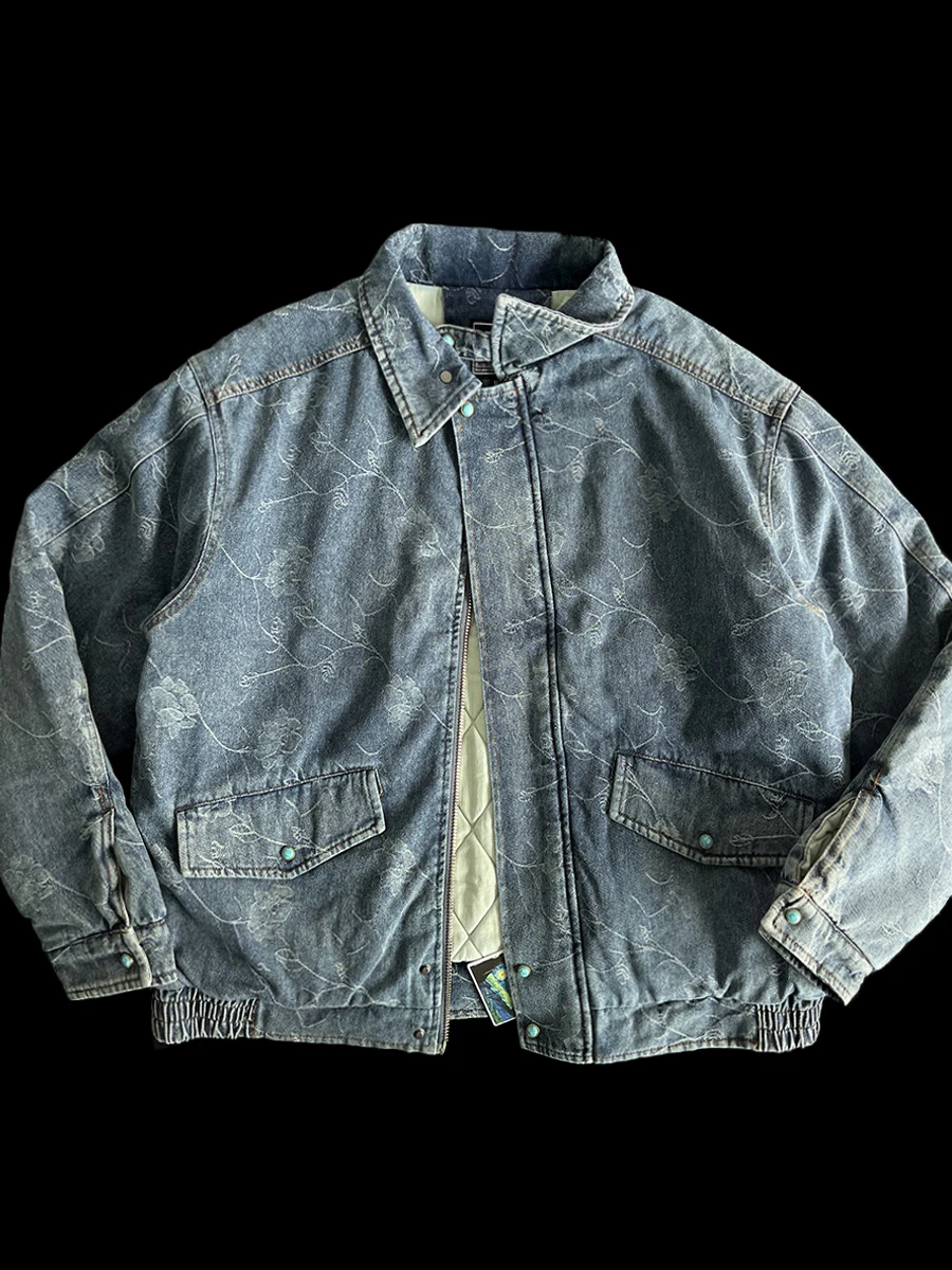 

Warmth Heavyweight American Style Embroidered Denim Cotton Jacket Trendy Streetwear Outerwear Youth Fashion Loose Fit Polyest...