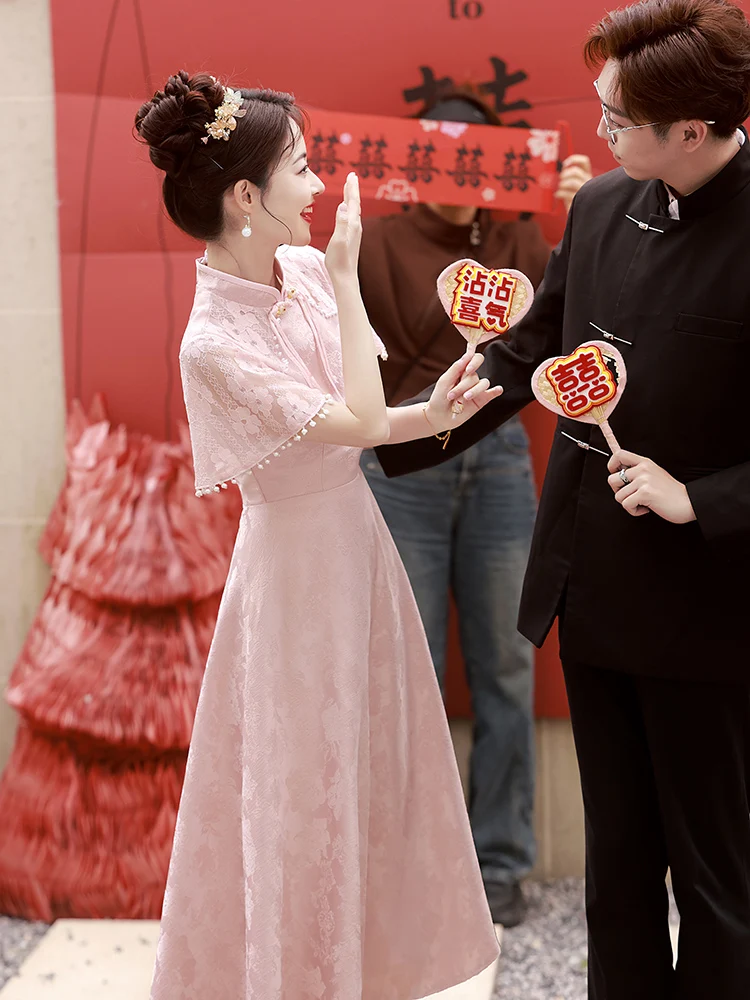 

Pink Wedding Dr Chinese Sle Materni Qipao High Waist A-Line Skirt ort Sve High Collar Polyester Fiber