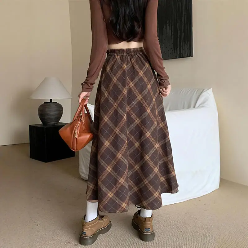 婦人服 ロングスカート ミディスカート 英国風 レトロ チェック柄 ハイウエスト 新しい Aラインスカート ファッション 快適