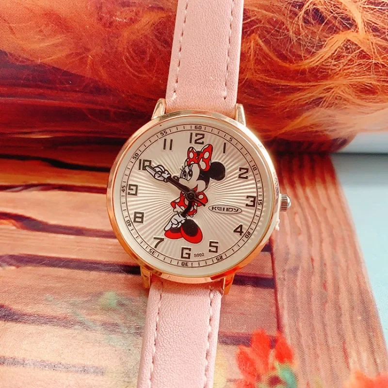 Disney Minnie Mouse Quartz Watches Cartoon Anime Women Watches Leather Strap Cute Wristwatches Student Clock Fashion Watch Gift