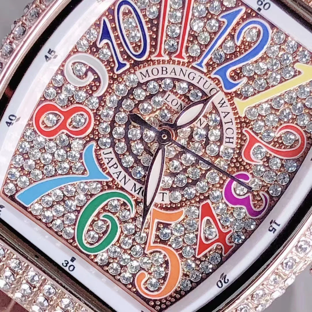 Mobangtuo Women Quartz Watch Tonneau Oval Case Diamond Orologio with Colorful Numbers Dial Reloj Luxury Clock Ladies Wristwatch