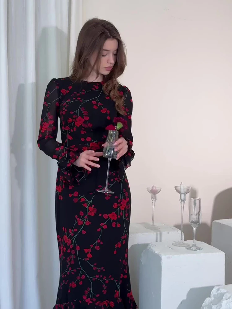 

Elegant Printed O-neck Long Dress Women Flare Sleeve Lace Up Slim Dresses Summer High Waist Zipper Pullover Knee Length Dress