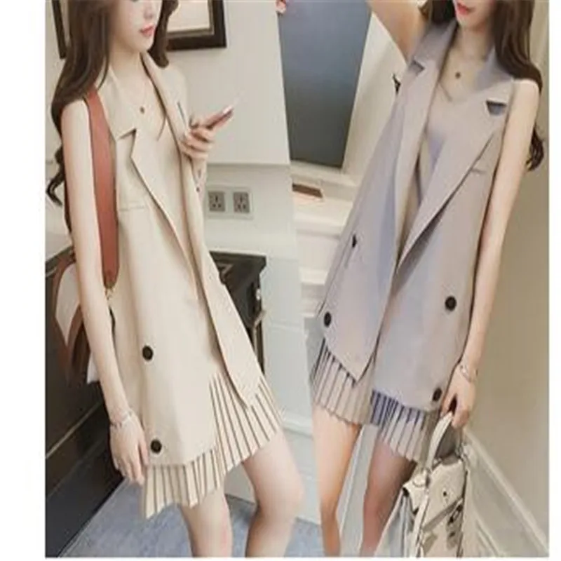 Spring Summer 2024 Medium Long Suit Vest Coat+pleated Suspender Dress Fashion Suit Women's Leisure Two-piece Set Two Piece Dress