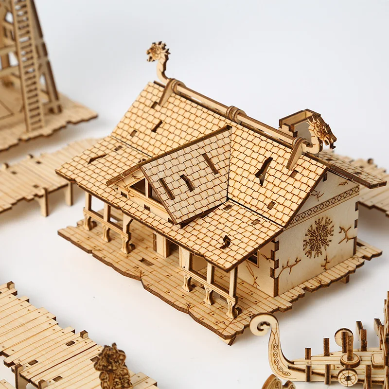 3D Wooden Puzzle Model Kit Viking Fisherman Wharf Village Handmade DIY Assembly House Model Toy Gift for Children Adults