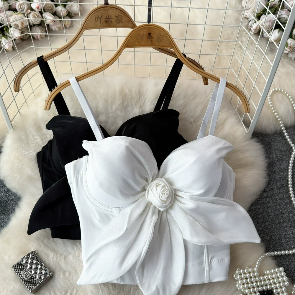 

Women's Summer Sweet 3d Flowers Camis Lady Streetwear Sexy Padded Bustier Elegant Solid Color Short Camis