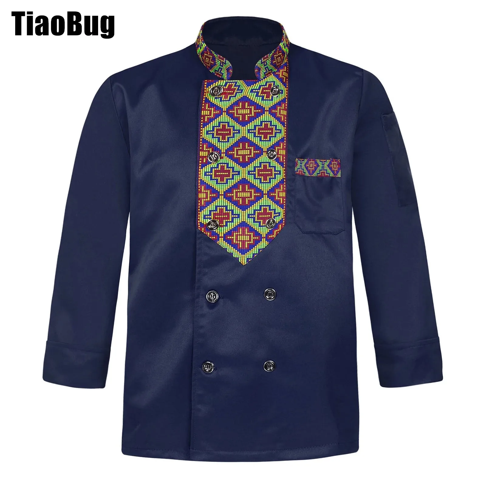 Mens Womens Unisex Chef Jacket Ethnic Style Embroidery Stand Collar Long Sleeve Cook Uniform Kitchen Work Clothes with Pockets