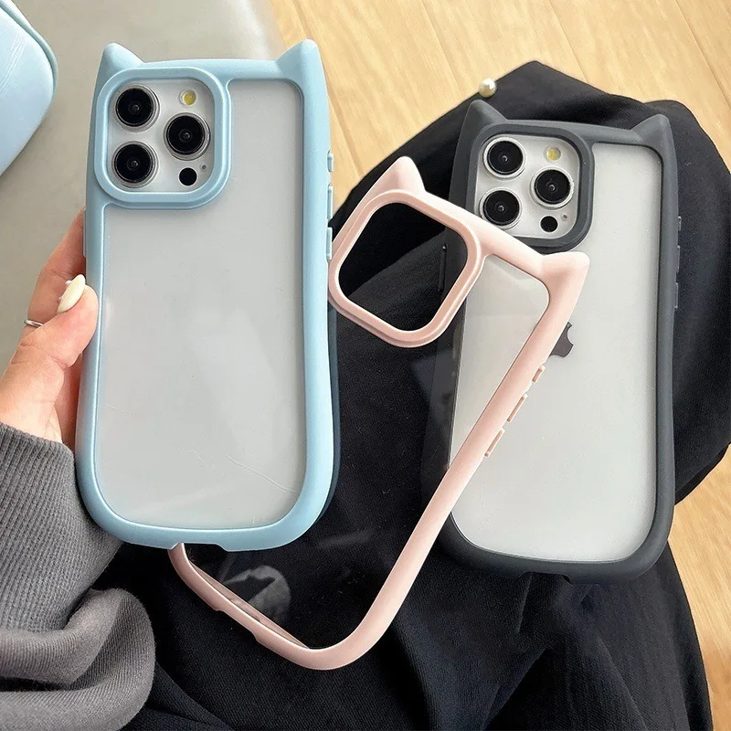 Simple Transparent Border Cute Three-Dimensional Cat Ears For Apple 15 Phone Case For iPhone 15Pro Max 14 13 12 11 Pro Max Women