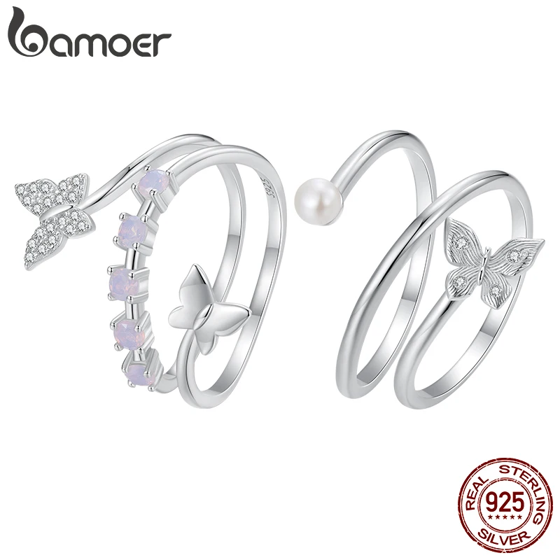 Bamoer Original 925 Sterling Silver Butterfly Ring Three-layer Pearl Zircon White Gold Adjustable For Women Wedding Fine Jewelry