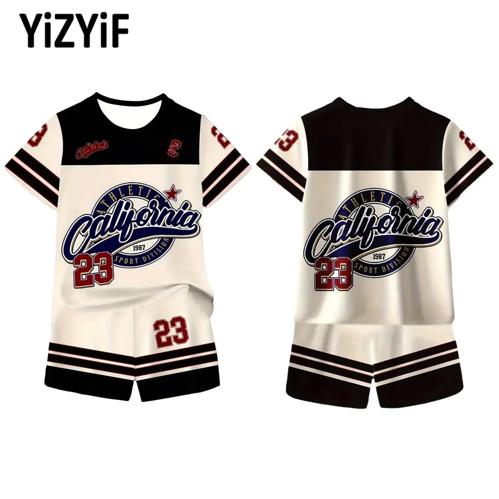 

Boys Casual Sports Style Outfit Round Neck Short-sleeve Letter Number Printed T-shirt with Elastic Waistband Shorts Daily Sport