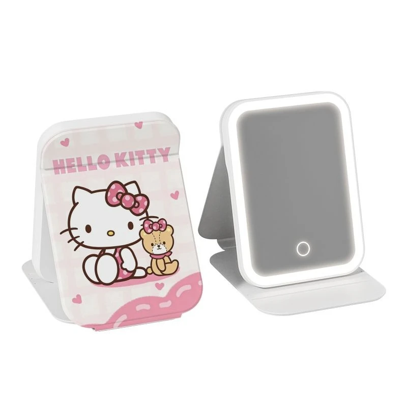 Cute Sanrio HelloKitty LED Travel Mirror with Super Clear Glass Shockproof Design Portable Foldable Makeup Essential Kawaii Gift